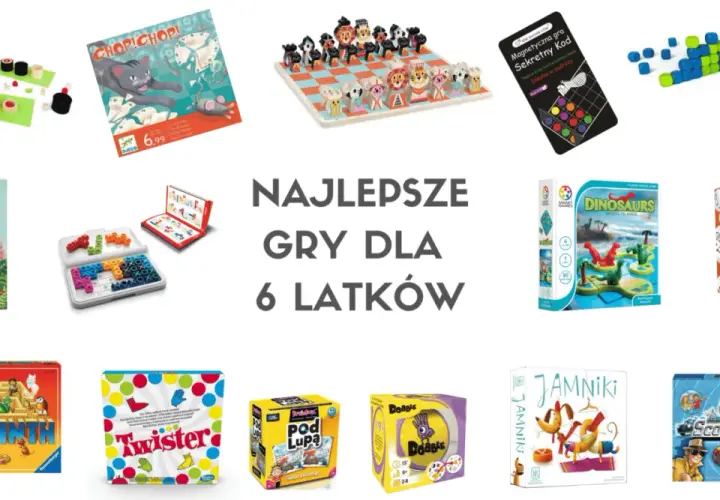 Kolaż zdjęć różnych gier planszowych dla dzieci, w tym sushi, kot, zwierzęta, dinozaury i labirynt.